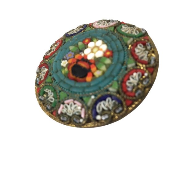 Vintage Italian Micro Mosaic Brooch Floral Round Millefiori Pin Italy Gold-Tone - Picture 6 of 10